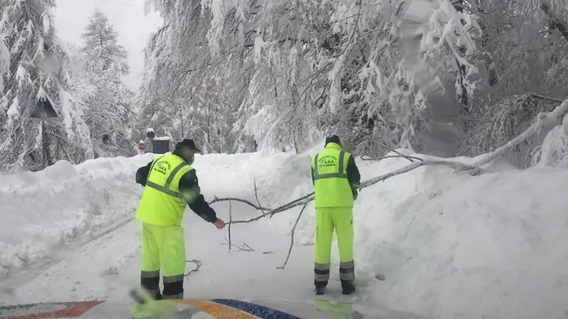Volontari della Protezione civile al lavoro per liberare una strada