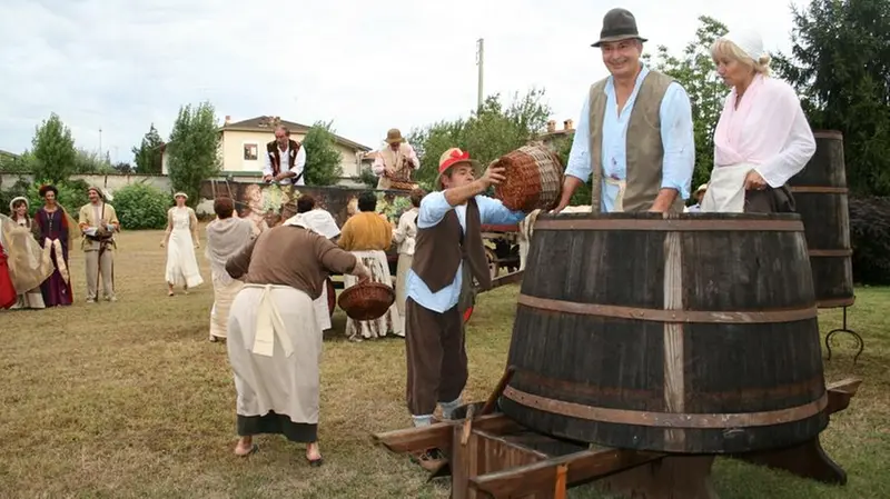 In una rievocazione storica, la pigiatura dell'uva con i piedi - © www.giornaledibrescia.it