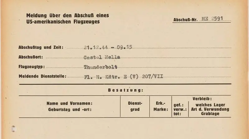 Il documento di cattura del tenente Mangino recuperato dagli archivi tedeschi - Foto AirCrashPo © www.giornaledibrescia.it