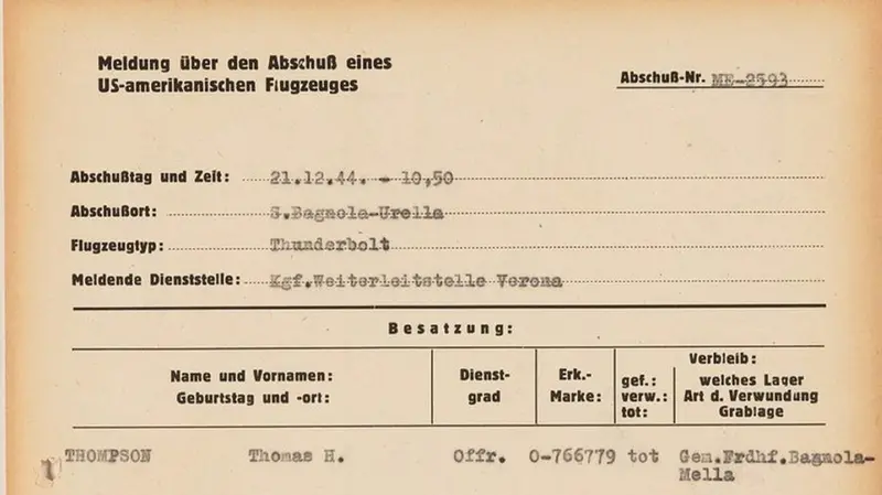 Dagli archivi della Luftwaffe la documentazione che prova la cattura a Bagnolo Mella del tenente Thompson - Foto AirCrashPo © www.giornaledibrescia.it