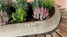 La scritta sulla fioriera sotto al municipio di Mairano - Foto © www.giornaledibrescia.it