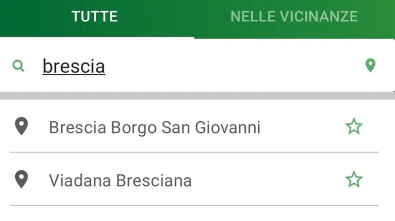 La schermata dell'app di Trenord senza Brescia