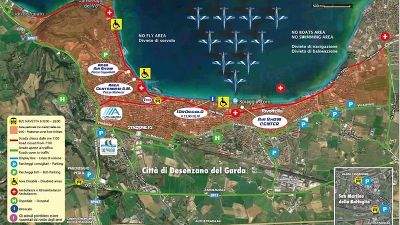 La mappa dell'Air show 2023, in rosso le strade chiuse al traffico