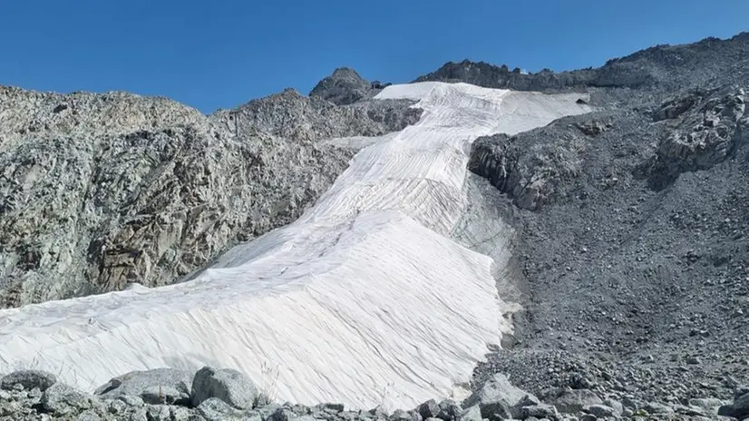 Quel che restava del ghiacciaio Presena, coperto dai teli geotessili, a fine agosto