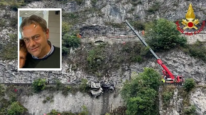 Le fasi di recupero del camion precipitato sulla ciclabile Vello-Toline. Nel riquadro la vittima, Marco Frassi - Foto Vigili del Fuoco © www.giornaledibrescia.it