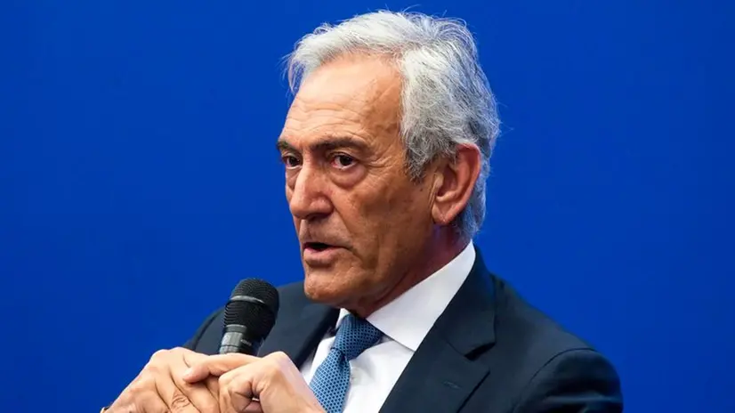 Il Presidente FIGC Gabriele Gravina, durante la presentazione del documentario Ã?Numero 3 Sara GamaÃ?, il docufilm prodotto da Rai Documentari sulla vita della calciatrice della Juventus, capitana della Nazionale e Vicepresidente dellÃ?Associazione Italiana Calciatori, presso la sede Rai di viale Mazzini, Roma, 09 gennaio 2023. ANSA/ANGELO CARCONI