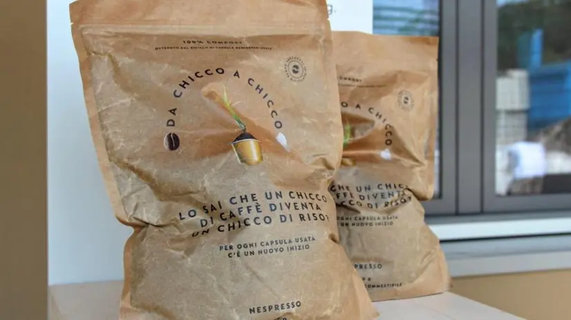 Uno dei sacchetti di Nespresso per il progetto «Da chicco a chicco» - © www.giornaledibrescia.it