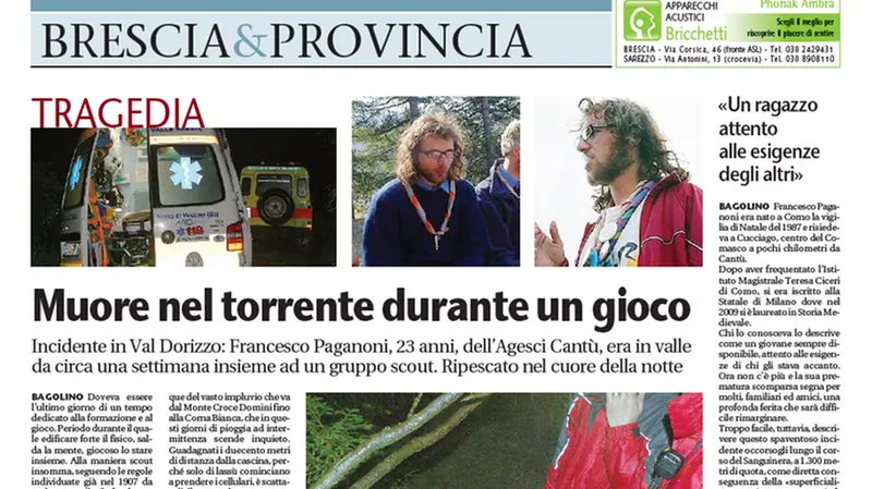 La pagina del Giornale di Brescia dell'8 agosto 2011