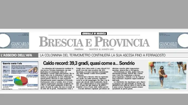 Caldo record: così il Giornale di Brescia del 12 agosto 2003 - © www.giornaledibrescia.it