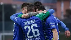 L'esultanza dei compagni dopo il gol di Siligardi contro il Mantova - Foto New Reporter Nicoli © www.giornaledibrescia.it