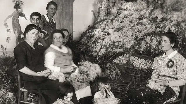 Al Ronco Bettoni. Donne e bambini intenti nelle operazioni di cernita e di pulizia dei bozzoli dei bachi di seta, 1920 circa - Studio Fotografico Negri