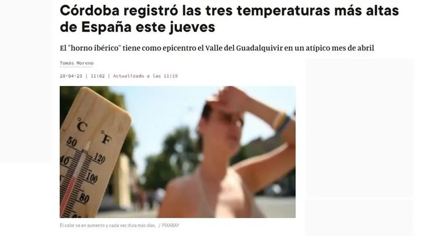 Così l'edizione online del Diario de Cordoba davanti all'eccezionale ondata di caldo (da www.diariodecordoba.com)