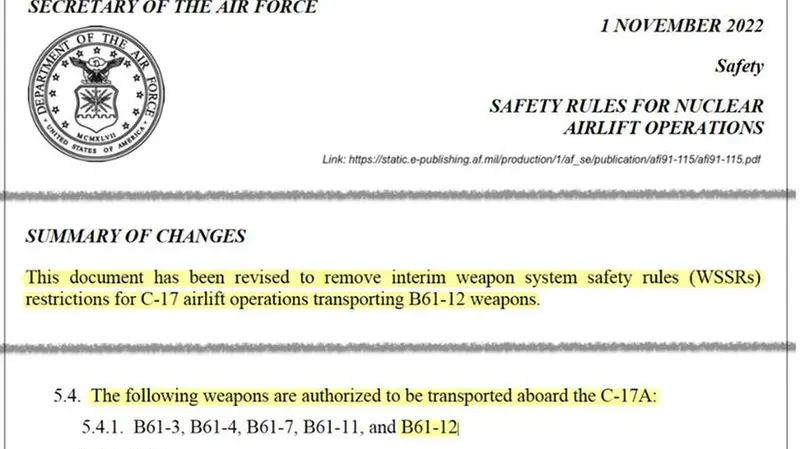 L'atto del Pentagono che affida ai C17 del 62nd AirWing Lift il trasporto delle atomiche in Europa