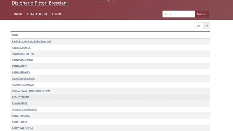 La pagina iniziale di ricerca nel Dizionario dei pittori bresciani
