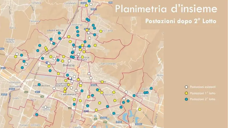 La planimetria di Brescia con le colonnine dopo le installazioni - Fonte: Comune di Brescia