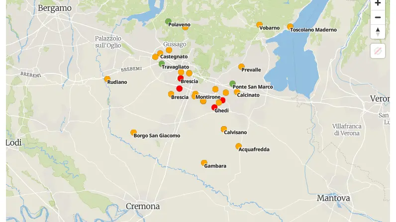 La mappa dei punti in cui è stato rilevato o è presunto l'inquinamento da Pfas nel Bresciano