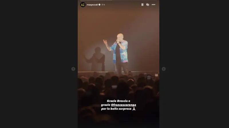 Una delle storie pubblicate su Instagram da Max Pezzali dopo il concerto di ieri: il ringraziamento a Brescia e Renga - © www.giornaledibrescia.it
