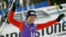 Elena Fanchini festeggia la vittoria della libera di Coppa del Mondo a Cortina, nel 2015