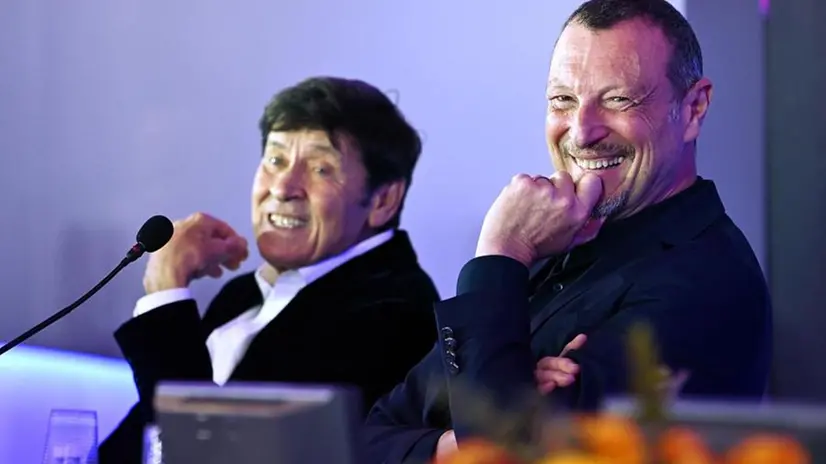 Amadeus e Gianni Morandi alla presentazione della 73esima edizione del Festival di Sanremo
