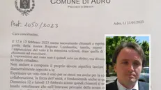 La lettera al centro della polemica inviata dal sindaco di Adro Paolo Rosa (nel riquadro) - © www.giornaledibrescia.it