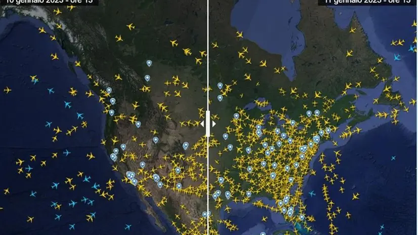 Gli aerei in volo ieri e oggi alla stessa ora sugli Stati Uniti - Foto da Radarflight24