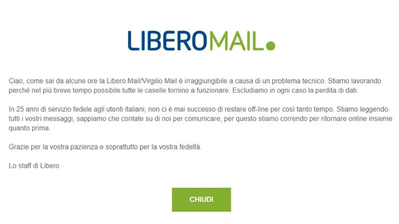 La comunicazione del disservizio da parte di Italiaonline nelle pagine di accesso postali di Libero e Virgilio - © www.giornaledibrescia.it