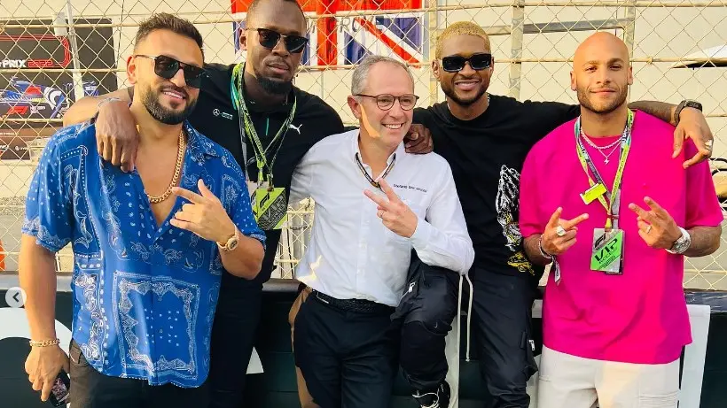 Usain Bolt (secondo da sinistra) e Marcell Jacobs (ultimo) al Gran Premio di Abu Dhabi - Foto da Instagram