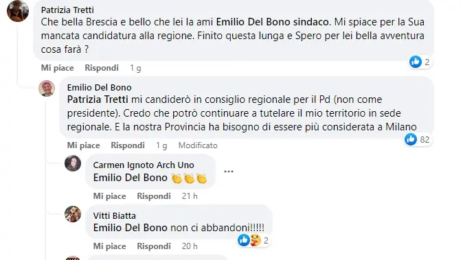 La risposta di Del Bono su Facebook con l'annuncio della candidatura