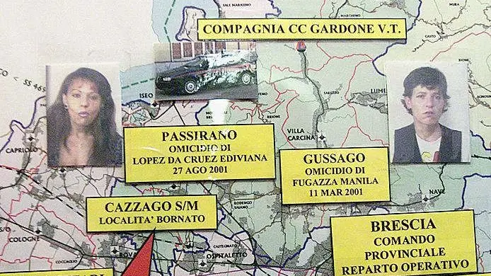 La mappa dei tre delitti mostrata nella conferenza stampa del 17 settembre 2001 dagli inquirenti - © www.giornaledibrescia.it