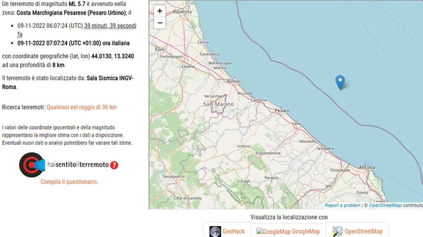 Il terremoto rilevato dall'Ingv - Localizzazione OpenStreetMap