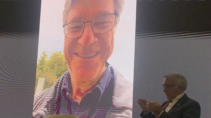 In collegamento a Futura Expo Jeffrey Sachs con il prof. Riccaboni - Foto NewReporter/Favretto © www.giornaledibrescia.it