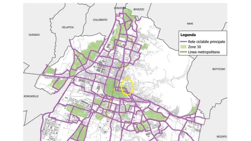 La rete ciclabile principale prevista dal Pums al momento esclude via Turati (nel cerchio in giallo) - © www.giornaledibrescia.it