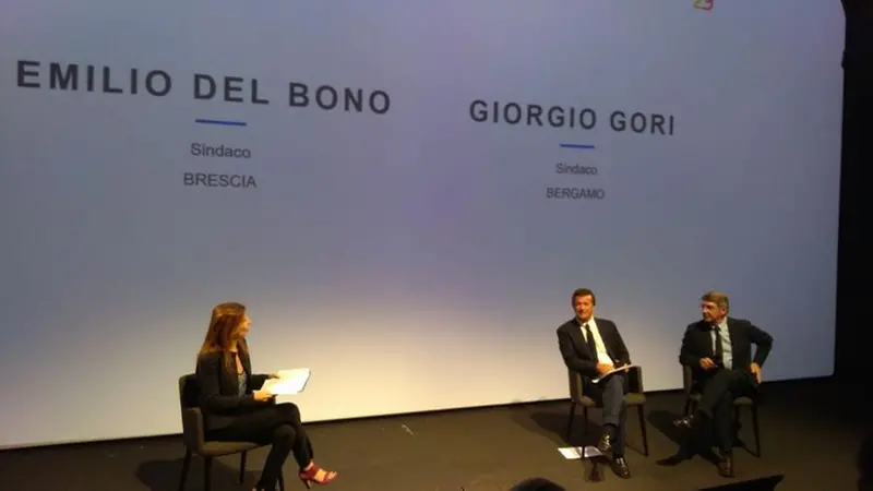 Emilio Del Bono e Giorgio Gori alla presentazione del palinsesto - © www.giornaledibrescia.it