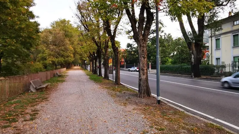 Il «sentiero» in ghiaia che si stende lungo i giardinetti di via Turati - © www.giornaledibrescia.it