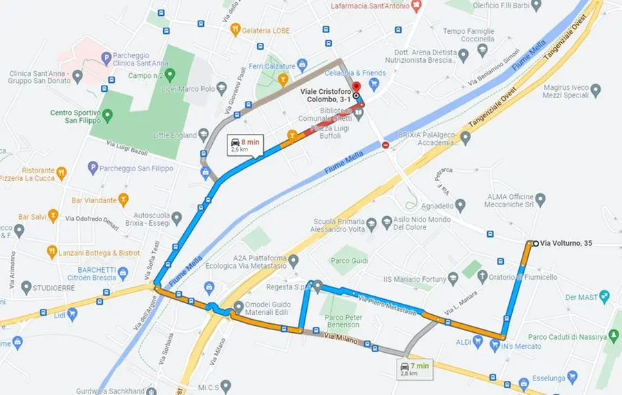 I tragitti indicati da Google Maps per auto, bici e pedoni