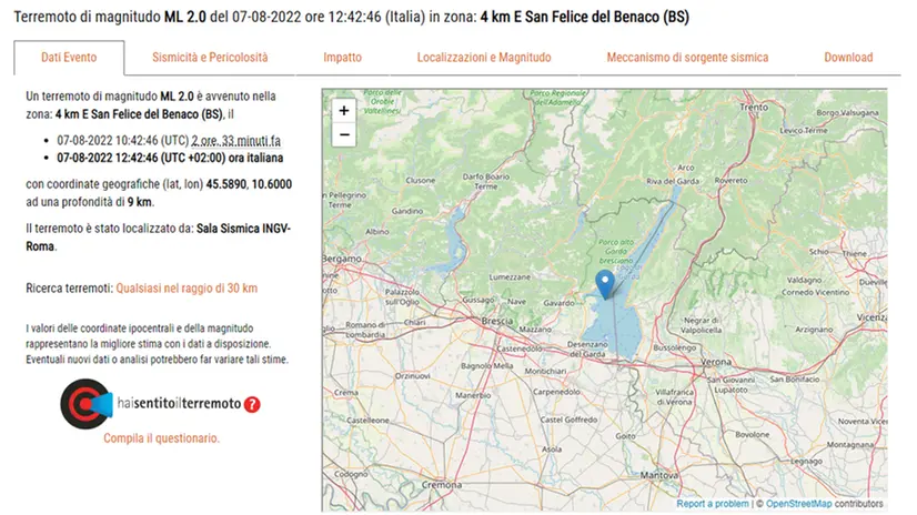 Il sito dell'Ingv (OpenStreetMap) - © www.giornaledibrescia.it