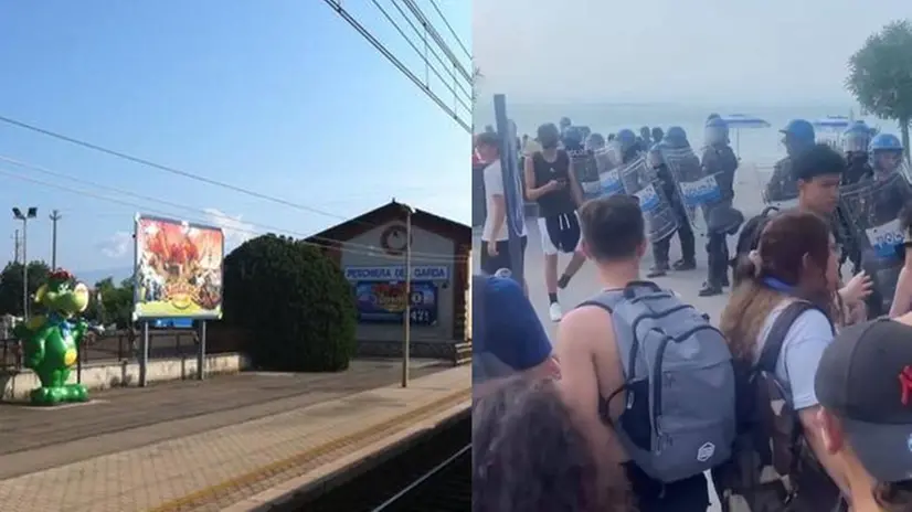 La stazione di Peschiera e una delle scene divenute virali con ragazzi e agenti antisommossa in spiaggia - © www.giornaledibrescia.it