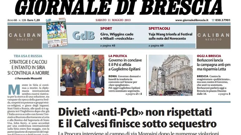 La prima pagina del Giornale di Brescia dell'11 maggio 2013