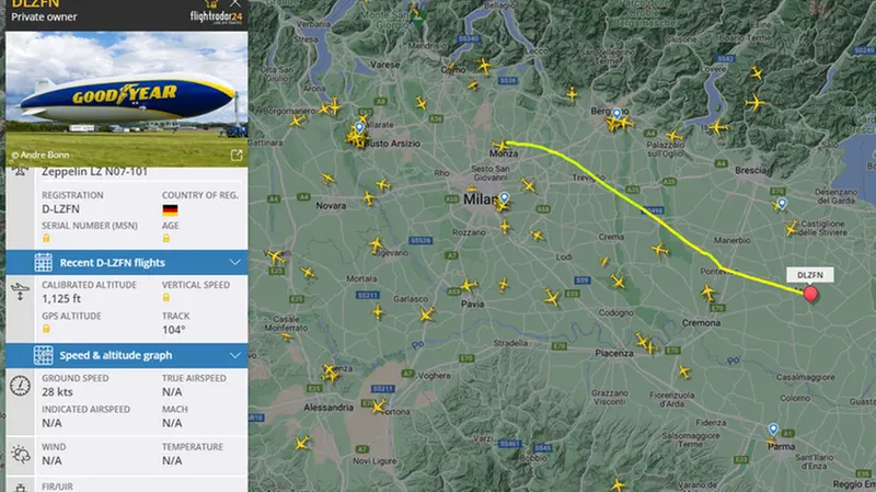 La rotta del dirigibile su Flightradar dell'11 luglio 2022 - www.giornaledibrescia.it