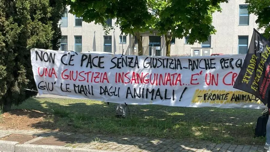 Lo striscione esposto a Provaglio dagli animalisti, durante la prova giudiziaria - © www.giornaledibrescia.it
