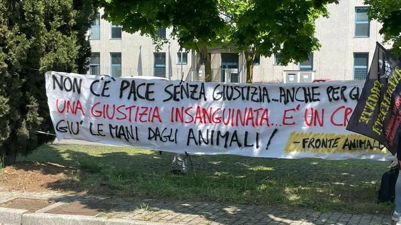 Lo striscione esposto a Provaglio dagli animalisti, durante la prova giudiziaria - © www.giornaledibrescia.it