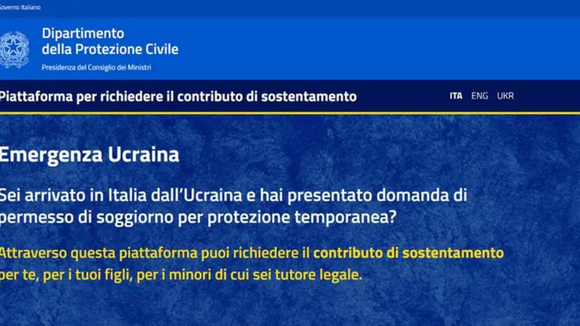 La homepage della nuova piattaforma per la richiesta del contributo per i profughi ucraini - Foto Ansa © www.giornaledibrescia.it