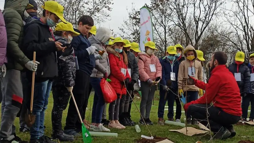 Bambini delle scuole impegnati nella piantumazione di alberi con Rete Clima