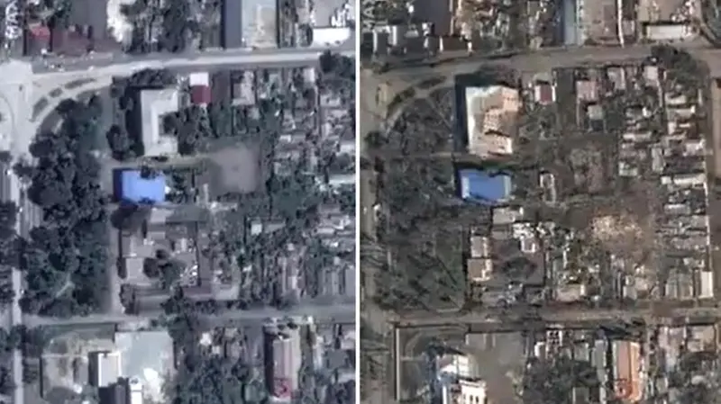 Immagini satellitari diffuse da Maxar: l'ospedale pediatrico di Mariupol prima e dopo il raid aereo - Foto Maxar © www.giornaledibrescia.it
