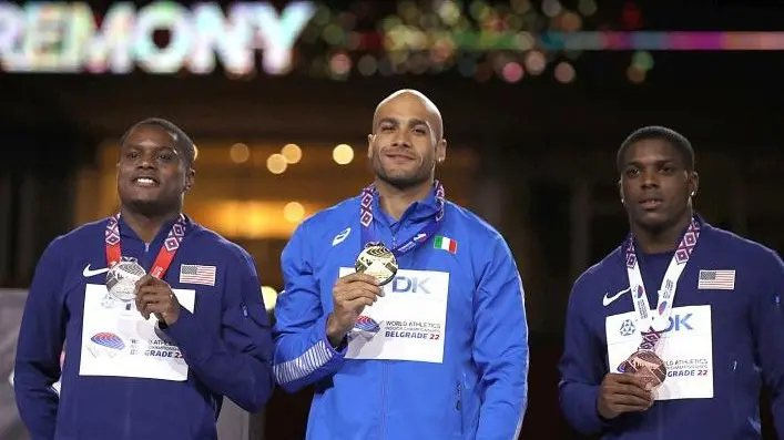 Marcell Jacobs sul podio in mezzo agli statunitensi Coleman e Bracy - Foto Fidal Colombo