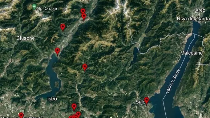 La mappa dei 25 territori ispezionati in provincia di Brescia per il progetto Savager - © www.giornaledibrescia.it