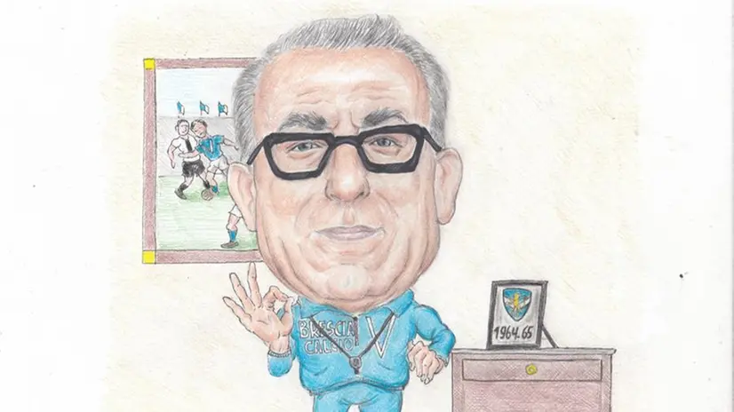 L'indimenticato Roberto Gei, calciatore e allenatore del Brescia, nella visione del vignettista Luca Ghidinelli - © www.giornaledibrescia.it