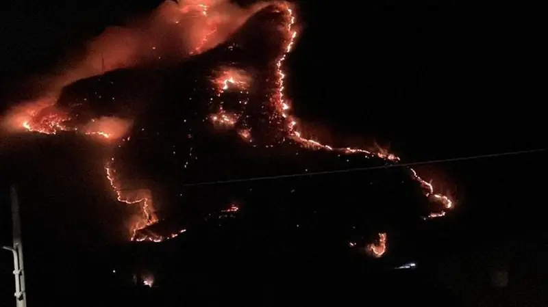 L'impressionante vista del fuoco che divora i fianchi della montagna tra Berzo Demo e Sellero - Foto tratta dalla pagina Facebook del Comune di Berzo Demo