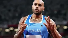 Marcell Jacobs dopo aver segnato il record italiano nei 100 metri alle Olimpiadi di Tokyo 2020
