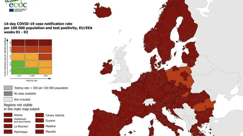 La mappa dell'Ecdc dell'andamento epidemiologico in Europa